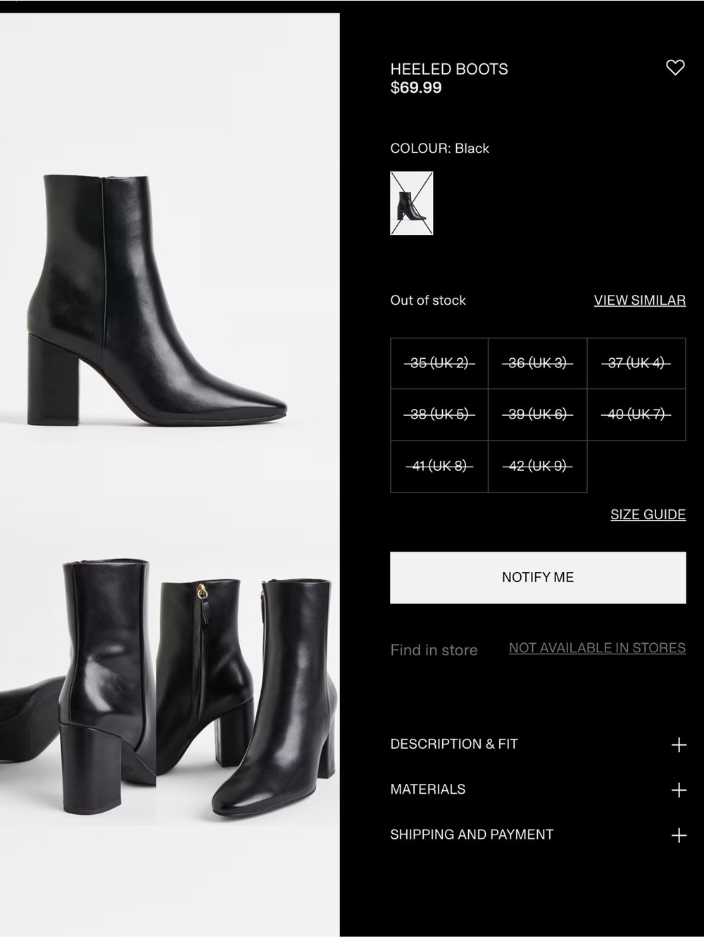 H&M Y2K Block Heels Black Faux Leather Mid-Calf Ankle Boots Pointed Toes Size 7 - Picture 3 of 7